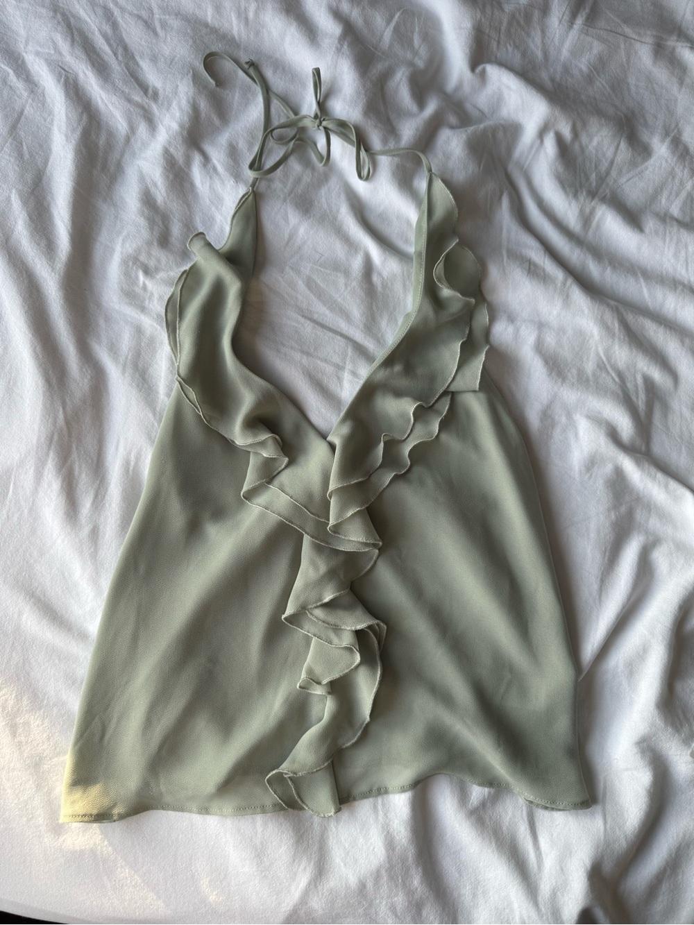 Dynamite Open Back Halter Ruffle Top Sage Green